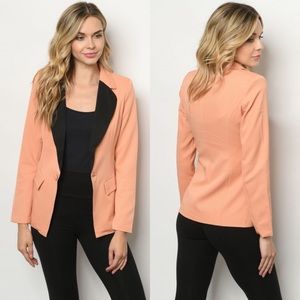 BLVD PEACH OPEN FRONT BLACK COLLAR BLAZER